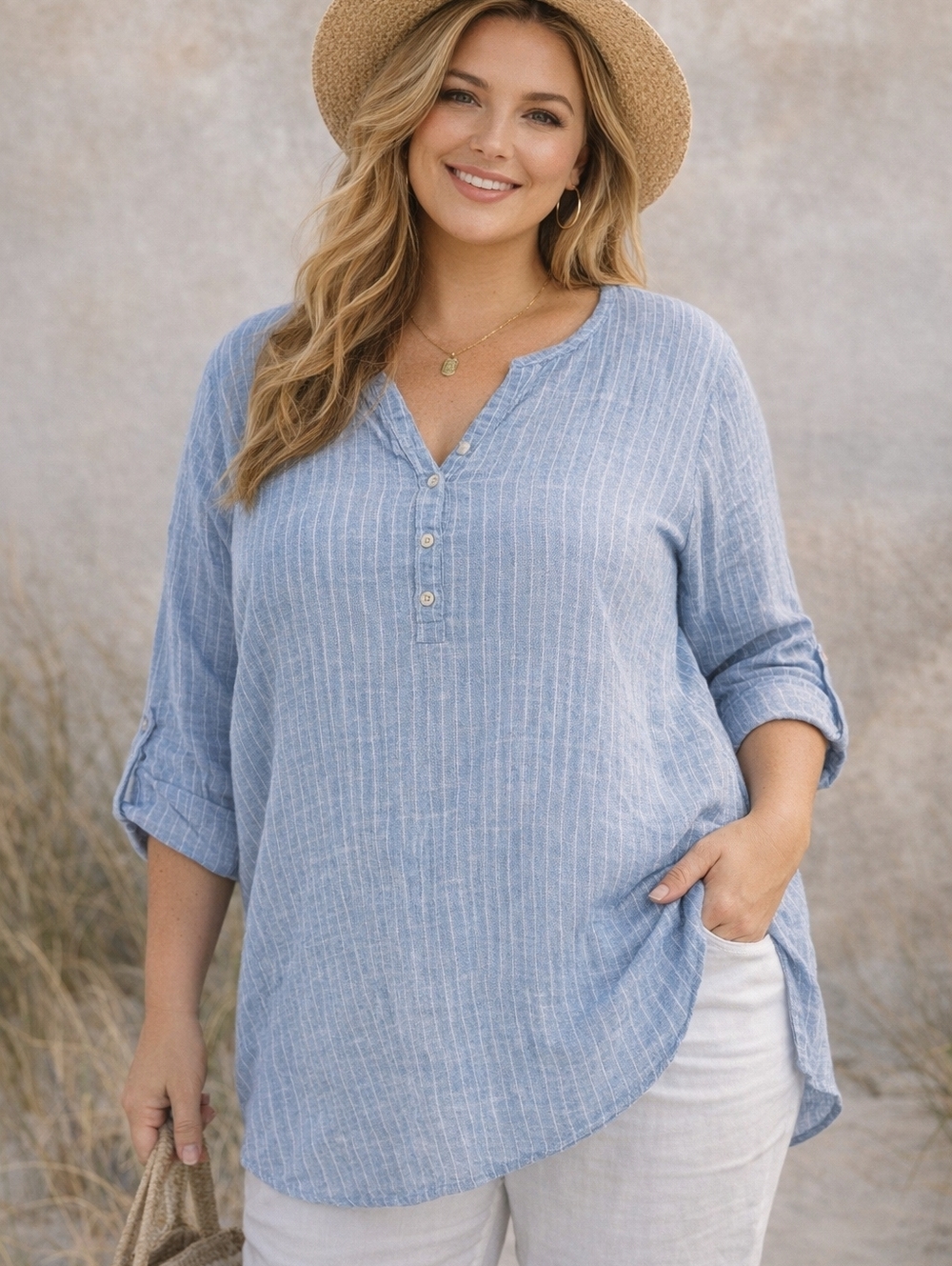 Hester & Orchard Linen Cotton Tunic Top Blue Stripe 1X Boho Lightweight